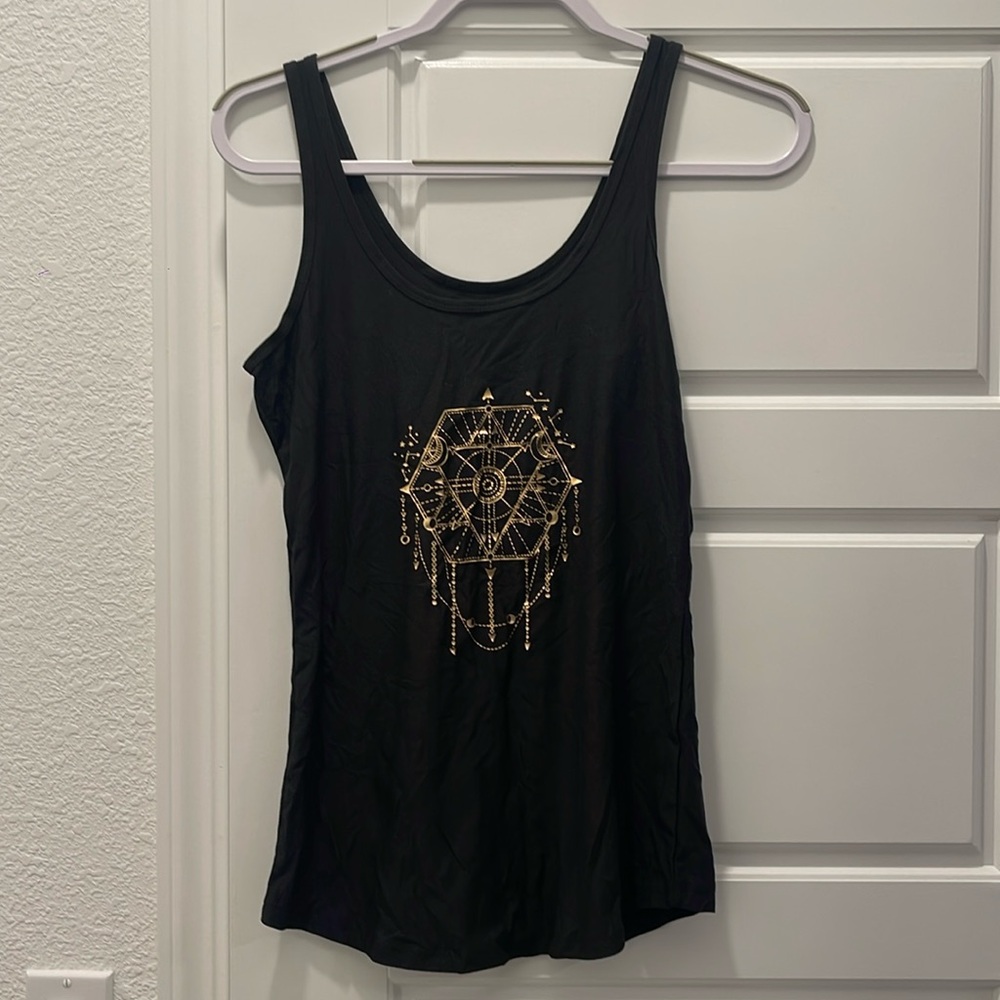 Black soft tank top with gold design